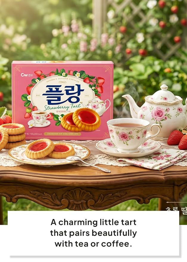 Korean Food CW Flang Strawberry Cookies, Strawberry Jam Filled, 5.64oz | Buttery Texture, Coffee Pairing, Sweet Snack, Korea Favorite, Bakery Style