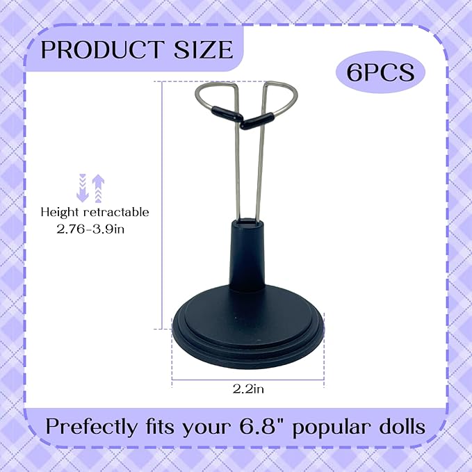 Adjustable Doll Stand - Universal Display Holder for 4-8" Dolls, Action Figures & Plush Toys Creative Storage Stand for Keep your Doll in a standing position (Black, 6PC)