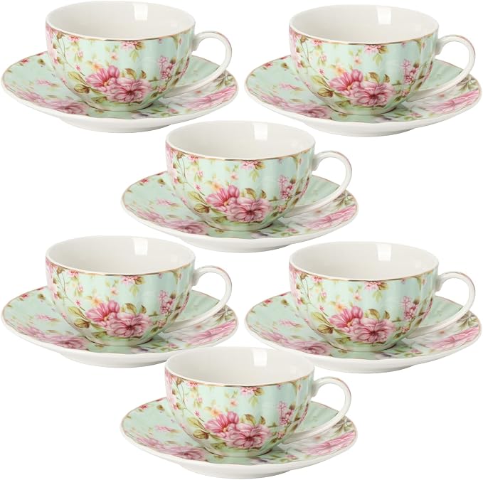BTaT- Floral Tea Cups and Saucers, Set of 6, 7 oz, Fine Porcelain Teacup Set with Gold Trim for Afternoon Tea, Weddings, Parties & Gifting, Dishwasher Safe and Freezer Safe