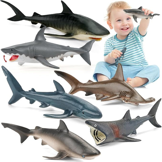 6PCS 5-7"L Realistic Shark Bath Toy for Kids, Plastic Sea Ocean Animals Figures Toys for Toddlers Includes Great White Shark Figurines Cake Toppers Birthday Party Favors & Gifts for Boy Girl