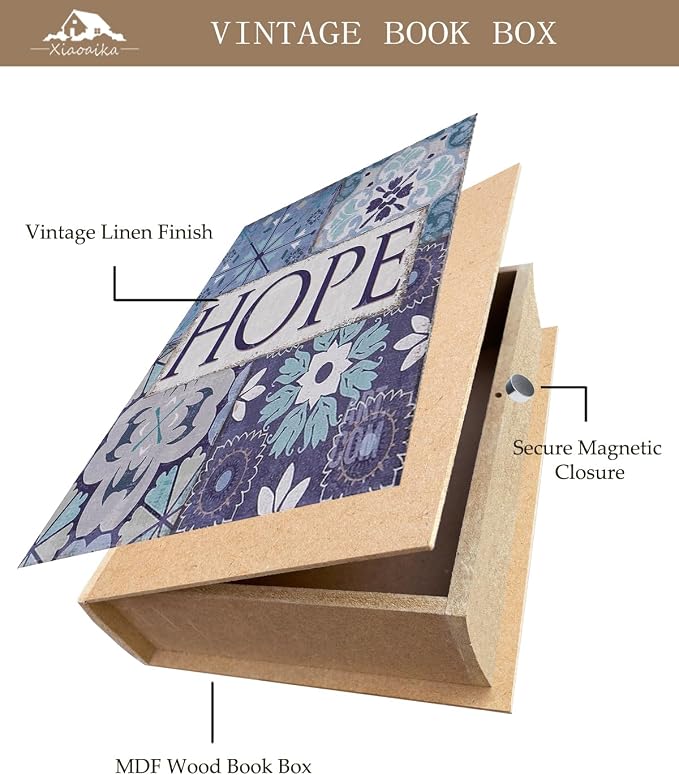 Decorative Wooden Book Box, Vintage Faux Book Boxes with Magnetic Closure, Secret Storage, Antique Look Leather Cover for Bookshelf or Office Decor (1 x Hope)