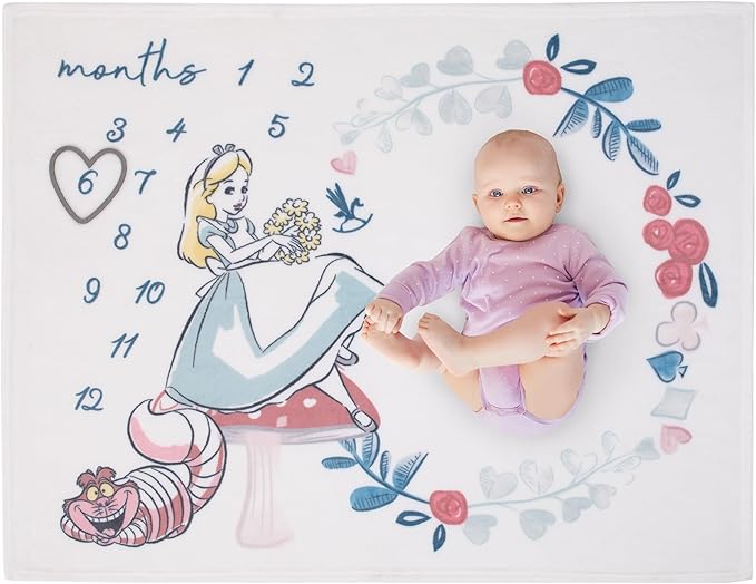 Disney Alice in Wonderland White, Pink, and Blue Cheshire Cat Super Soft Photo Op Milestone Baby Blanket