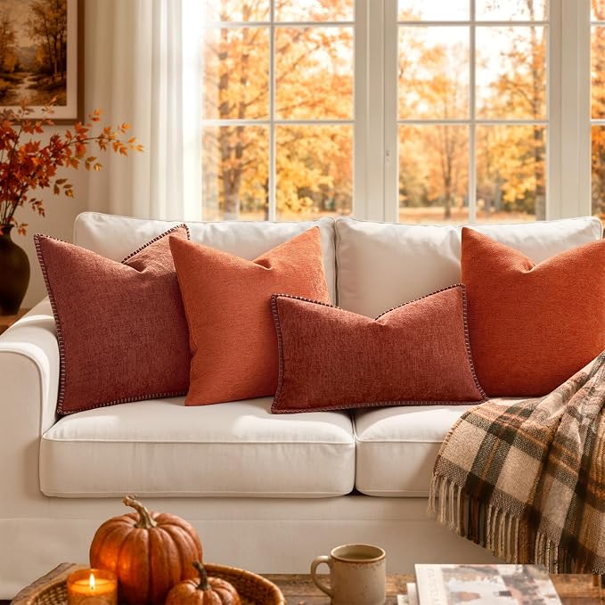 MIULEE Fall Decorative Lumbar Throw Pillow Covers 12x20 Inch Burnt Orange | Terracotta Farmhouse Pillow Covers with Stitched Edge, Soft Chenille Cushion Cases, for Couch Sofa Bed Living Room Home Decor