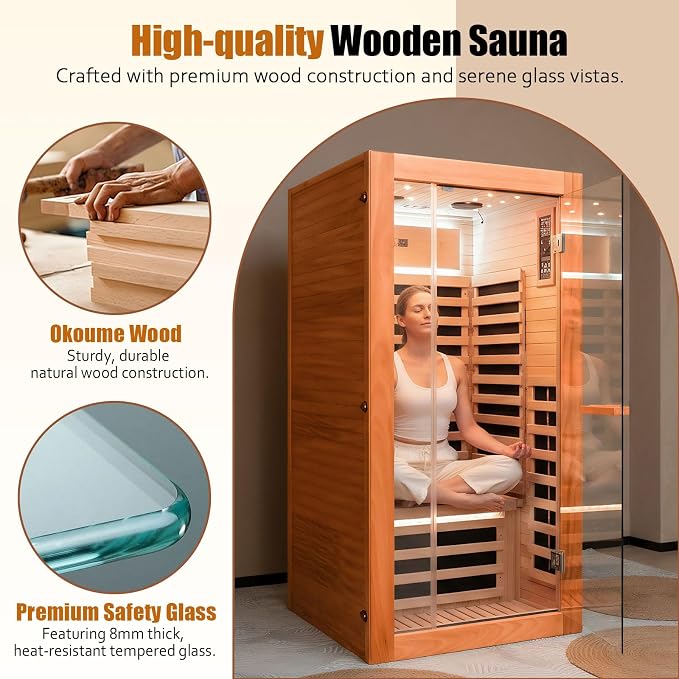 Far Infrared Sauna 1 Person Home Sauna Okoume Wood Indoor Saunas 1350W 120V with Red Light Bluetooth Speakers Oxygen Bar 35.4"x35.4"x70.9"