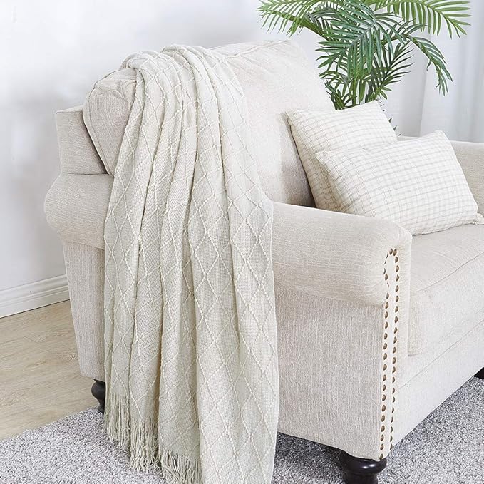 BOURINA Beige Throw Blanket 60x80 Inch Boho Knitted Soft Throw Sofa Blanket | Knitted Throw Blanket 60x80 Inches, Soft Lightweight Boho Weave Throw Decorative Couch Blanket for Living Room Bedroom Chair