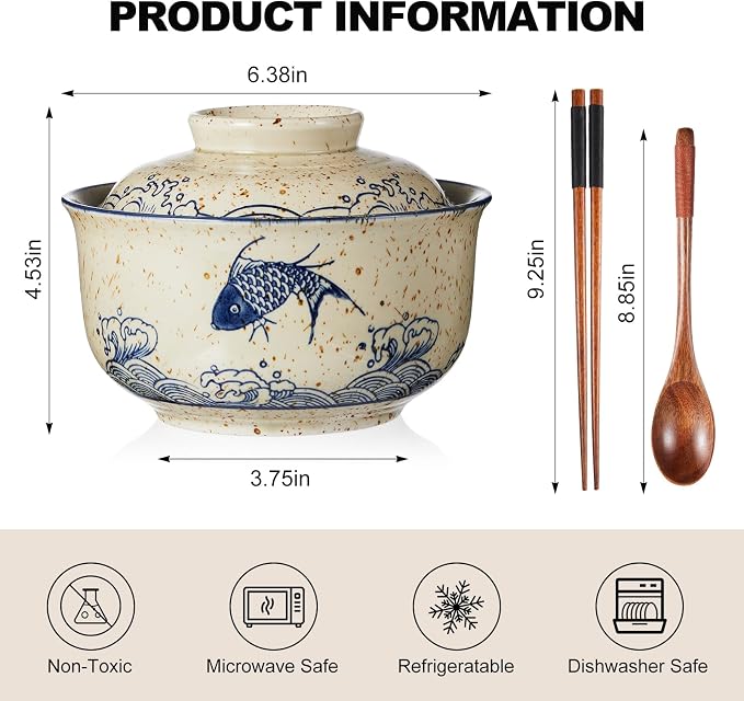 LemonRoad 4 Pack 25oz Japanese Dinnerware Set Ceramic Ramen Bowl with Lid Microwavable with Chopsticks and Spoon Korean Soup Bowl Clay Pot for Noodle Rice Porridge(Retro Mixed)