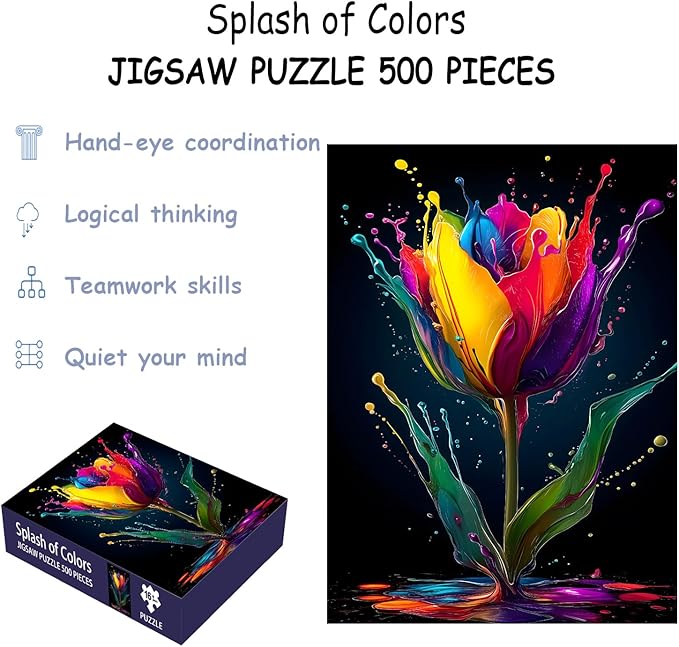 Puzzles for Adults 500 Pieces, Colorful Flower Jigsaw Puzzles - Splash of Colors, Impossible Colorful Wall Art Puzzle for Seniors Families, 20.47x14.96 Inches, 1:1 Poster, Letter On The Back