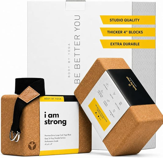 Cork Yoga Blocks 2 Pack – High Density Non Slip with Select Cork Grain for Chip-Resistant Durability | Extra Thick 4” for Support & Stability | Natural, Smooth, and Crumble Free | Body By Yoga