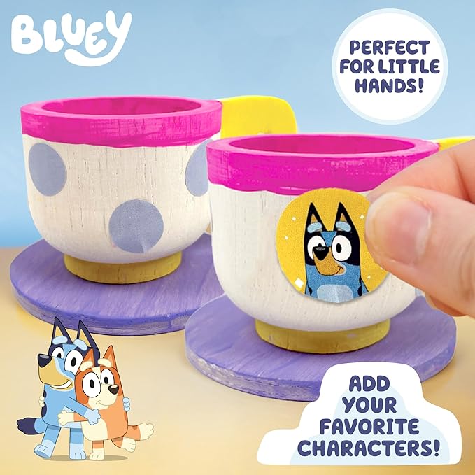 Bluey Paint & Play Tea Party, 6-Piece Wooden Tea Set, Customize with Paint & Stickers, 2 Wearable Crowns, Fun Toys for Kids, Cute Birthday Party Decorations, Pretend Play Tea Party, Toys