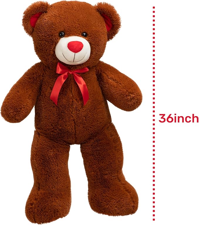 BigTeddy Bear Stuffed Animal Giant Teddy Bear Plush with Red Ribbon Bow Plush Toy Gift for Girlfriend Bride 36 inch Brown