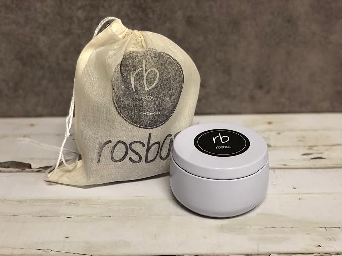 rosbas Peppermint & Eucalyptus Soy Wax Candle - 6 oz Tin in Drawstring Cotton Bag - Clean Burning for Refreshing Clarity - White - Made in USA