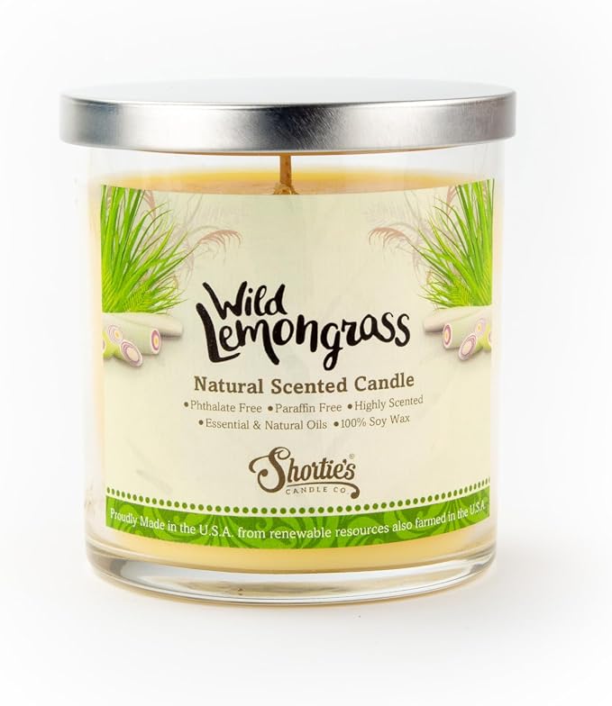 Wild Lemongrass Scented Natural Soy Candle, Essential Fragrance Oils, 100% Soy, Phthalate & Paraben Free, Clean Burning, 9 Oz.