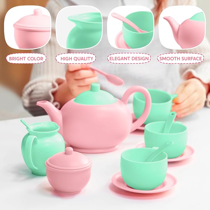 JOYIN 18PCS Pretend Tea Party Set, Plastic Tea Set, Mini Kitchen for Kids, Gifts for Toddler Boys Girls Ages 3 4 5 6 Years Old, Easter Birthday Gifts