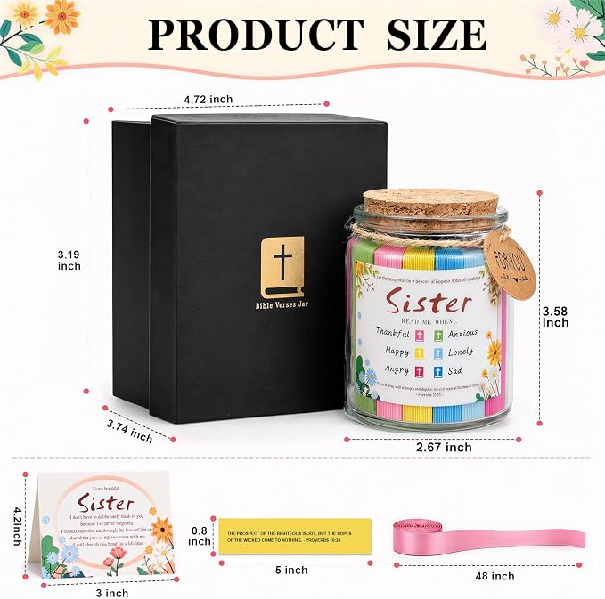 Bible Verse Jar for Sisters, Faith Encouragement Gift with Color-Coded Verses, Ideal for Birthdays, Christmas, and Mother’s Day. A heartwarming spiritual companion for Christian women and girls.