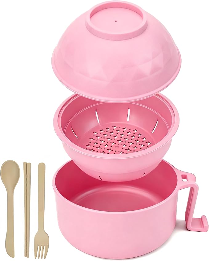 Layron Ramen Cooker Ramen Bowl Set with Chopsticks Microwave Noodle Bowl College Dorm Room Essentials for Girls for Boys Apartment Essentials (pink)