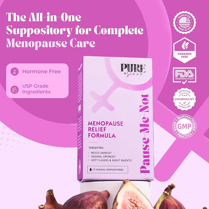 PURE WOMAN - Pause-Me-Not Suppositories - Menopausal Symptom Relief - Natural Ingredients - Relieves Hot Flashes & Vaginal Dryness - Promotes Stable Mood - Enhanced Vaginal Relief