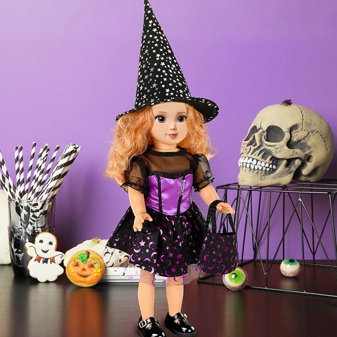 18 Inch Doll Clothes Accessories, Halloween Witch Costume Candy Corn Suit Set with Witch Hat Candy Bag for Doll Halloween Costumes Gifts