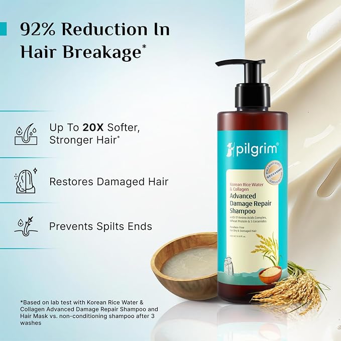 Pilgrim Advanced Damage Repair Shampoo | Hydrates & Strengthens Dry, Damaged Hair | Korean Rice Water, Collagen, 17 Amino Acids, Wheat Protein & 5 Ceramides | 13.53 Fl Oz (400ml)