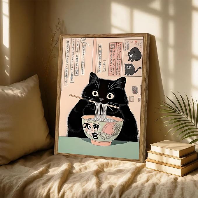 Funny Japanese kitchen Black Cat Wall Art, Whimsical Cat Eating Noodles Wall Decor Painting, Cute Animal Canvas Poster Eclectic Pet Dining Room Prints Artwork Wood Framed 12x16 inch
