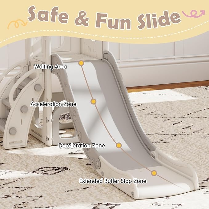 kinbor 6 in 1 Toddler Slide PlaySet - Indoor Outdoor Fun for Kids Ages 1-3, Includes Basketball Hoop, Telescope, Storage & Climber, Safe, Sturdy Baby Slide for Backyard Playground, White+Gray