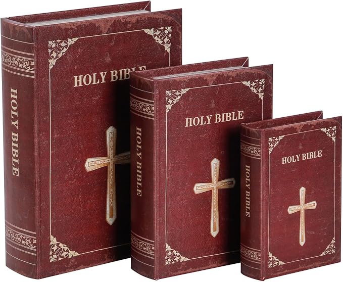 Wooden Book Box Set of 3 with Magnetic Closure and Classic Bible Design Leather Cover, Non-Woven Fabric Interior, Decorative Secret Storage for Bookshelves and Home Office