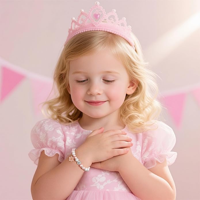 MONOOC Valentines Gifts for Kids Girls - Initial Flower Charm Bracelets for Girls, Adjustable Pearl and Rhinestone Beaded Bracelet Heart Initial Bracelets Jewelry for Flower Girl Gift Birthday Gifts