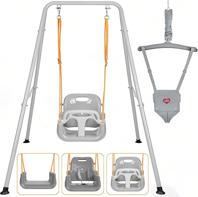2 in 1 Toddler Swing ＆ Jumper with Frame, Outdoor, Indoor, Baby Swing with Safety Belt for Indoor and Outdoor Use, Foldable Metal Stand & Clear Instructions, Easy to Assemble