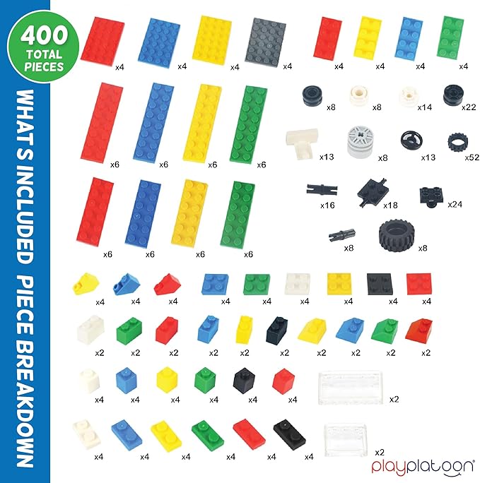 Play Platoon 400 Piece Wheels and Axles Sets, Building Bricks Car Parts & Pieces Kit - Car Building Set with Wheels, Axles & Windshields and Bonus Bricks