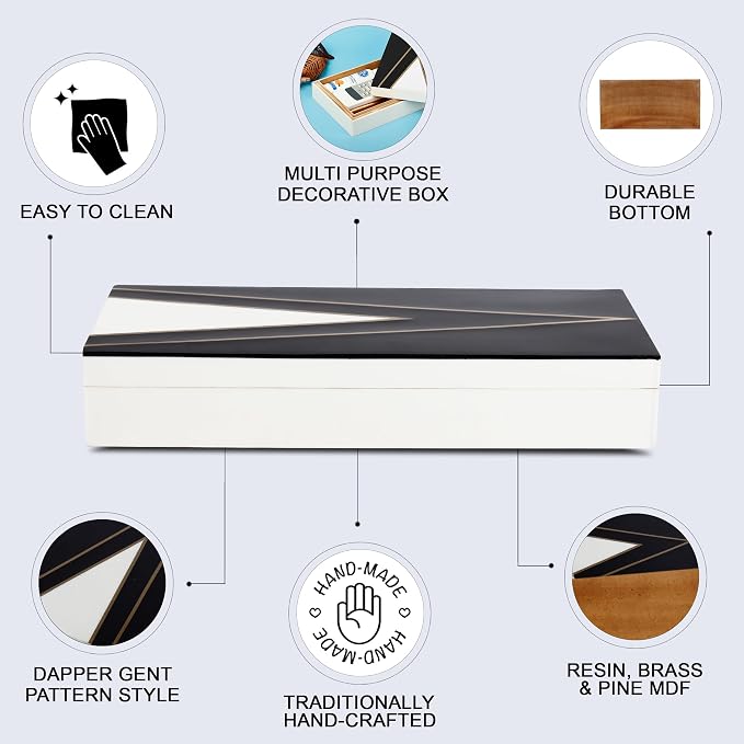 Handicrafts Home Black and White Decorative Storage Box with Lid–Large Coffee Table Storage Box, Handmade Resin Inlay Wooden Box, Remote Control Organizer, Keepsake Box, Home Decor Storage Box-12x6x2