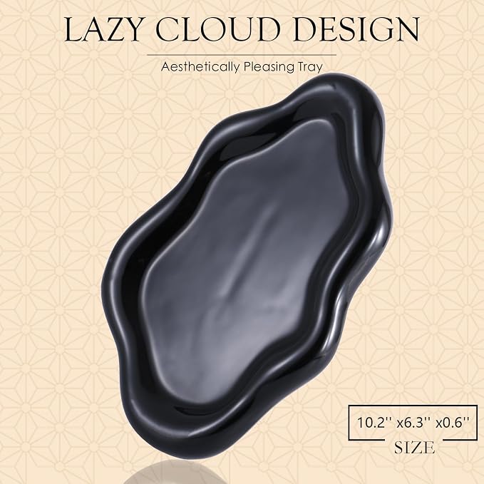 CCINPPY Ceramic Cloud Jewelry Tray Trinket Dish Key Bowl Nightstand Decor | Decorative Small Desk Tray Jewelry Plate Key Holder Bowl Cute Bedroom Room Decor Aesthetic, Gift for Women, Black Large