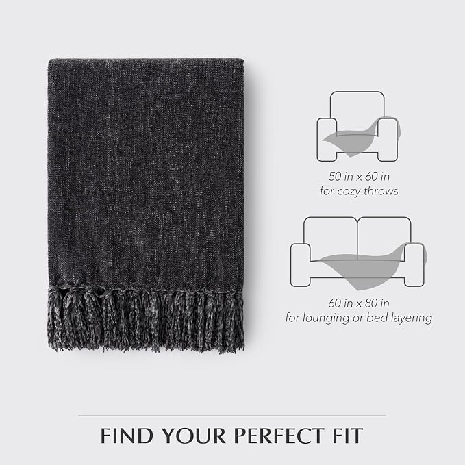 Chenille Knit Throw Blanket for Couch, 60"x80", Iron Black | Cozy Plush Fuzzy Knittd Throw with Tassels, Lightweight, Decorative, Farmhouse Decor, Ideal for Bed Sofa Gift, All Seasons