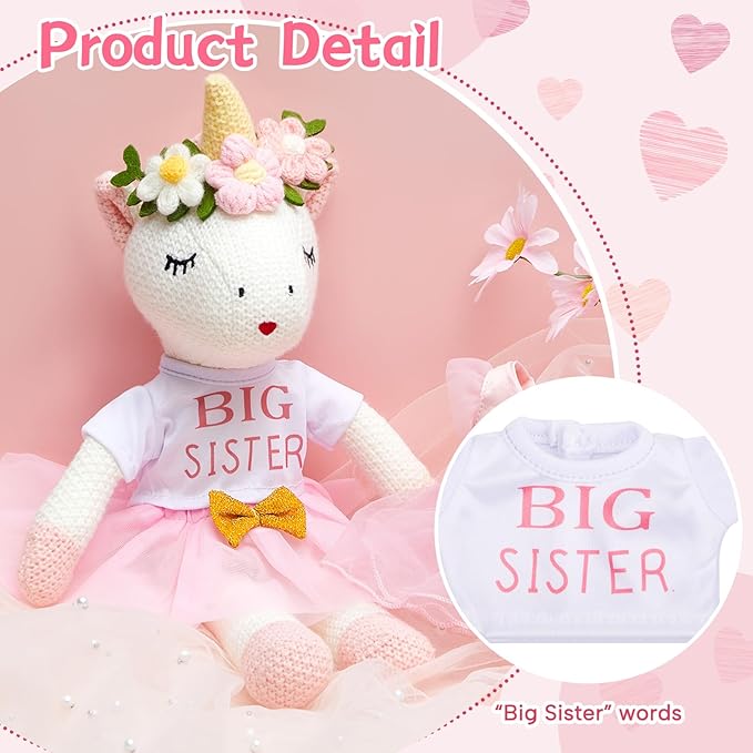 2 Pcs Big Sister Little Sister Gift for Girls 17 Inches Unicorn Stuffed Plush Doll Short Sleeve Outfits Short Sleeve T-Shirt Top and Pink Tutu Skirt Clothing Set Gifts for Toddler Kid Baby
