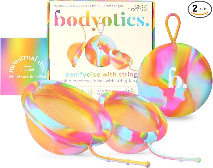 Bodyotics Reusable Menstrual Disc - 2 Pack (S & L), Proud | Leak-Proof Alternative to Cups, Tampons & Pads for Light or Heavy Flow; Body-Safe Silicone with 12 Hour Wear