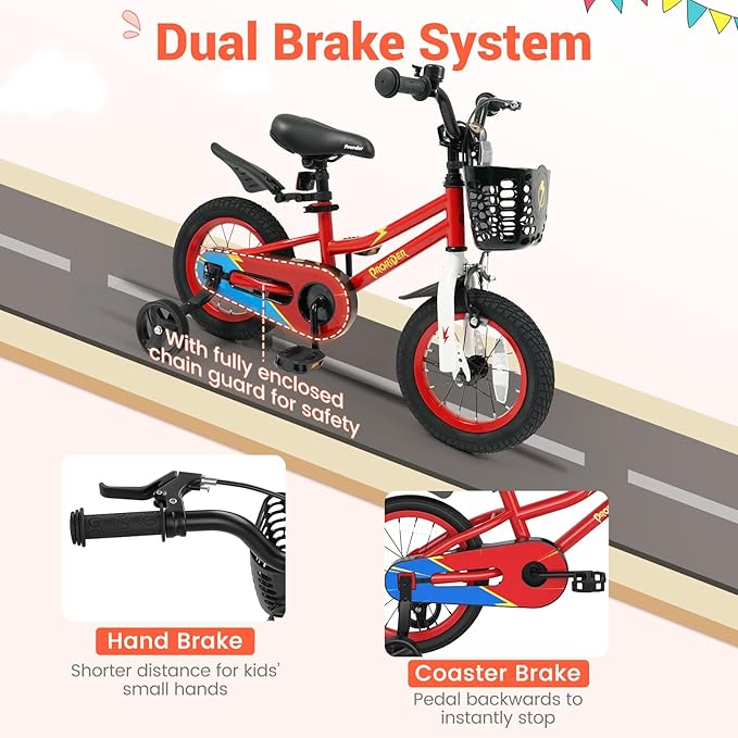 COSTWAY Kids Bike, 12 14 16 18 Inch Toddler Bike for Boys & Girls Aged 3-8 Years Old, Kids Bicycle w/Removable Training Wheels, Handbrake & Coaster Brake, Basket, Bell