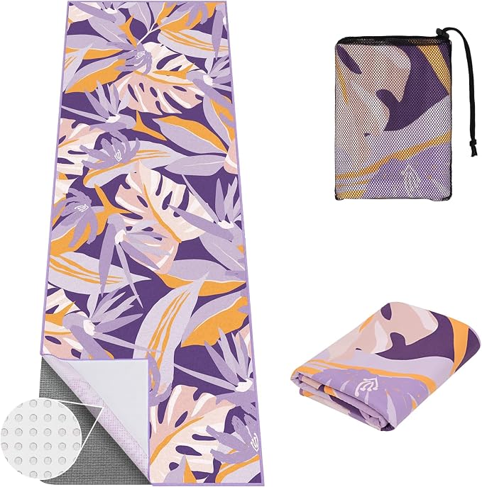 Yoga Towel Hot Yoga Mat Towel with Corner Pockets, 74 x 26 inch, Non-Slip Sweat-Absorbent Soft Microfiber Yoga Blanket for Pilates, Fitness and Workout, Purple
