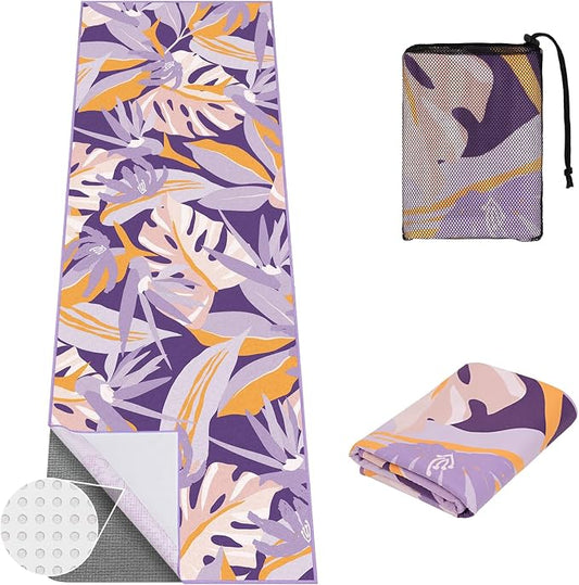 Yoga Towel Hot Yoga Mat Towel with Corner Pockets, 74 x 26 inch, Non-Slip Sweat-Absorbent Soft Microfiber Yoga Blanket for Pilates, Fitness and Workout, Purple