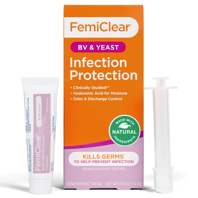 FemiClear BV & Yeast Infection Protection Cream, 0.5 Oz | Helps Control Odor & Discharge, Soothing & Moisturizing Feminine Care with Hyaluronic Acid, Natural & Organic Ingredients