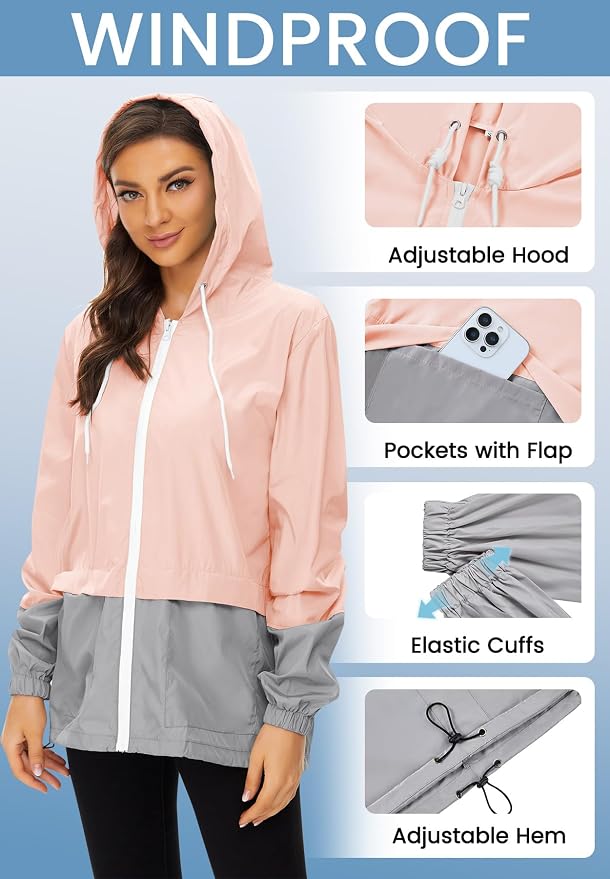 Zando Lightweight Rain Jacket Women Packable Waterproof Raincoat with Hood | Windbreaker Jacket Women, Light Raincoats for Drizzle, Rain Coats for Travel, Hiking and Commute