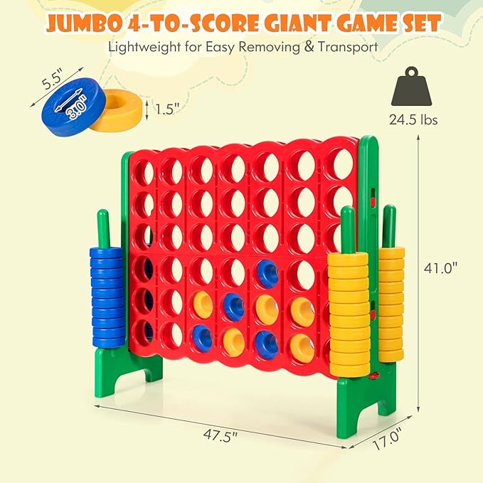 KOTEK Giant 4-in-a-Row Game Set, 3.5 Feet Tall Jumbo 4-to-Score Family Fun Game with Quick-Release Sliders & 42 Large Rings, Oversized Connect Plastic Yard Game Outdoor for Kids & Adults (Green+Red)