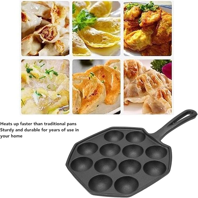 HERCHR 12 Grid Takoyaki Pan, Cast Iron Octopus Meatballs Frying Pan 18cm/7.09in Diameter Non Stick Omelet Breakfast Maker Skillet for Home Cooking