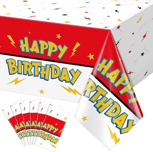 6 Pack Red White Birthday Tablecloth Party Decorations, Lightning Bolts Plastic Table Cloth, Disposable Cartoon Table Cover for Kids Birthday Baby Shower Party Supplies Decorations, 54” x 108”