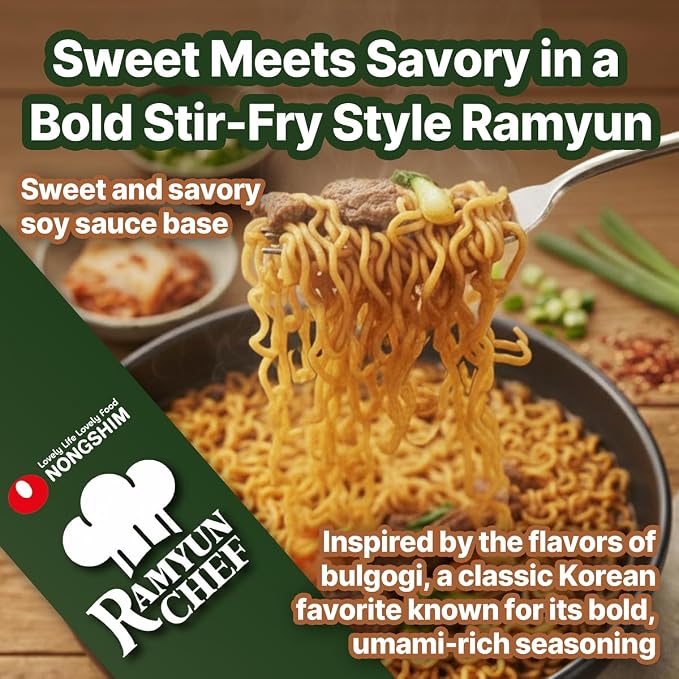 Nongshim Ramyun Chef, Stir Fry Style Instant Ramyun Noodles with Sauce Mix, Beef Bulgogi, 4.51 Oz (Pack of 4)