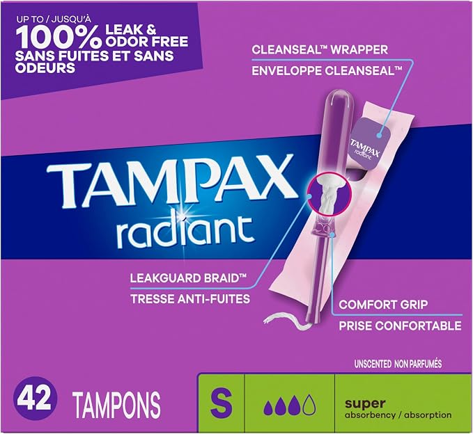 Tampax Radiant Tampons Super Absorbency with BPA-Free Plastic Applicator and LeakGuard Braid, Unscented, 42 Count (Pack of 2)