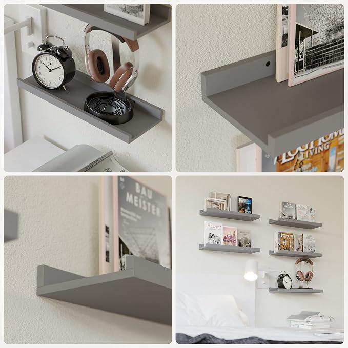 RICHER HOUSE Mounted Shelves for Wall Decor, Modern Picture Ledge Shelf with Lip for Wall Storage Nursery, Bedroom, Living Room, Bathroom - Grey | Display Picture Ledge Shelf, Anti-drop lip Shelf for Room Wall Decor, Bedroom Bathroom Storage Nursery Bo...