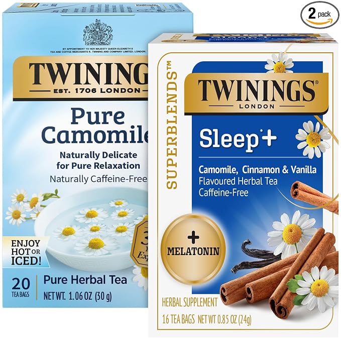 Twinings Bedtime Tea Variety 2-Pack Pure Camomile Teabags and Superblends, Cinnamon & Vanilla + Melatonin Tea, Naturally Caffeine-Free