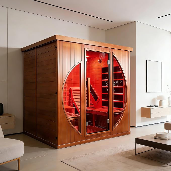 Infrared 2 Person Wooden Sauna Room, Luxurious Red Cedar Sauna with Recliner, 3400W Dry Heat Sauna for Home, 9 Heating Panels, Bluetooth Speaker, 7Color Lights, Oxygen Bar, 220V(Red Cedar)
