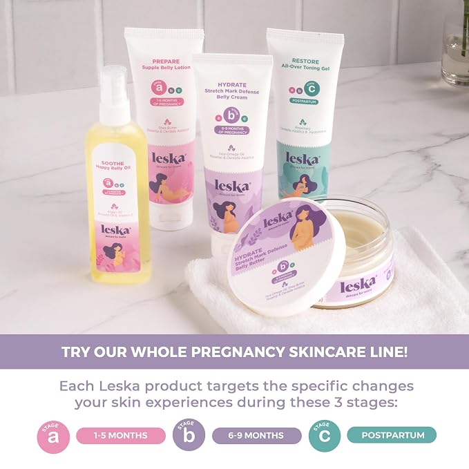 LESKA Maternity Stretch Mark Moisturizing Oil | STAGE A: SOOTHE Happy Belly Oil (Pregnancy Months 1-5) | Part of a Complete 3-Stage Pregnancy Skincare System | New Mom Gifts (4.22oz)