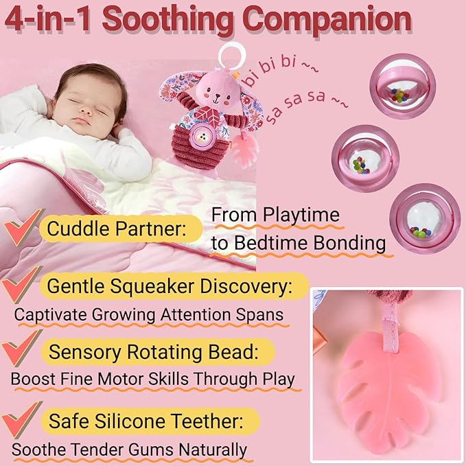 Baby Crib Toys Hanging Stroller Car Seat Toy for Infant 0-3-4-5-6-7 Months Old, Newborn Girl Valentines Day Gifts, Rattle Crinkle Teething Teether for Babies 6-12 Month Easter Basket Stuffers