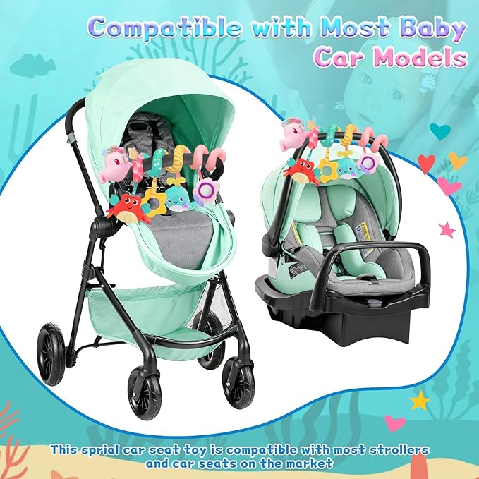 Car Seat Toys for Baby Toys 0-6 Months, Hanging Crib Stroller Toys with Rattle, Mirror, Crinkle, Squeaky Spiral Baby Activity Carseat Sensory Toys for Newborn Infants Girls Birthday Gifts