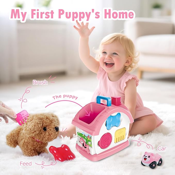 Montessori Toys for 1 2 3 Year Old Girl Gifts, Musical Toy House with Stuffed Puppy, Car, Baby Toys 12-18 Month, Learning Educational Toy for Toddler 1-3, First Birthday Gifts for Girls (Pink)